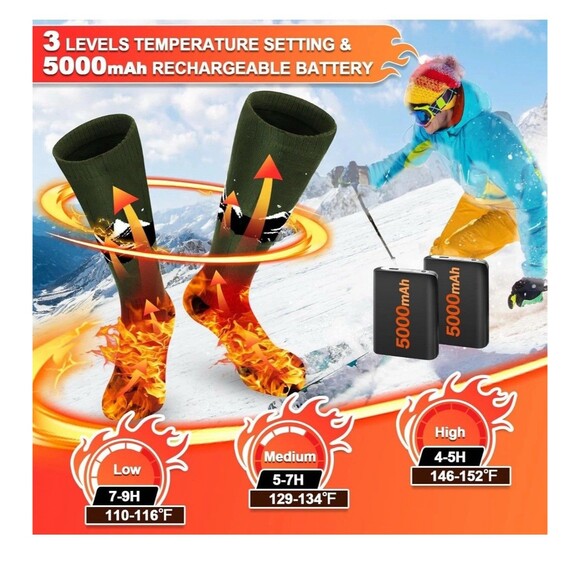 New SNOW LEOPARD Rechargeable Heated Socks w App Control Batteries Black Large - Picture 3 of 11